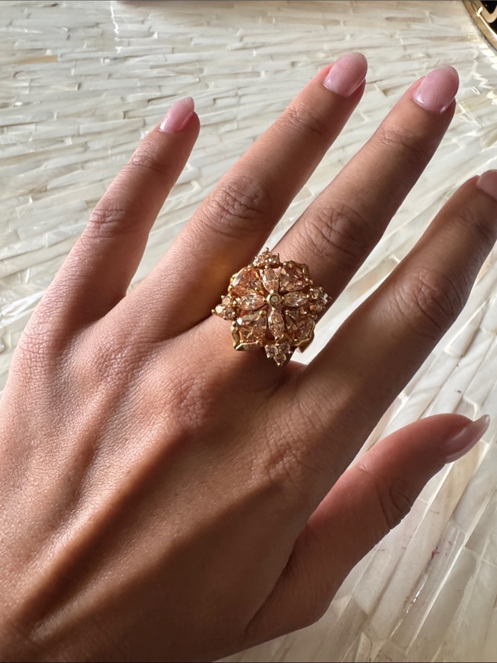 Gold Floral Statement Ring in Champagne Crystals - Size 7